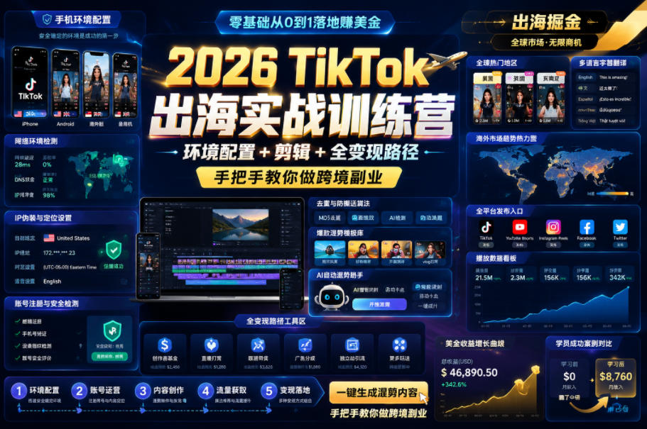 2026 TikTok出海实战训练营，环境配置 + 剪辑 + 全变现路径，手把手教你做跨境副业-海淘下载站
