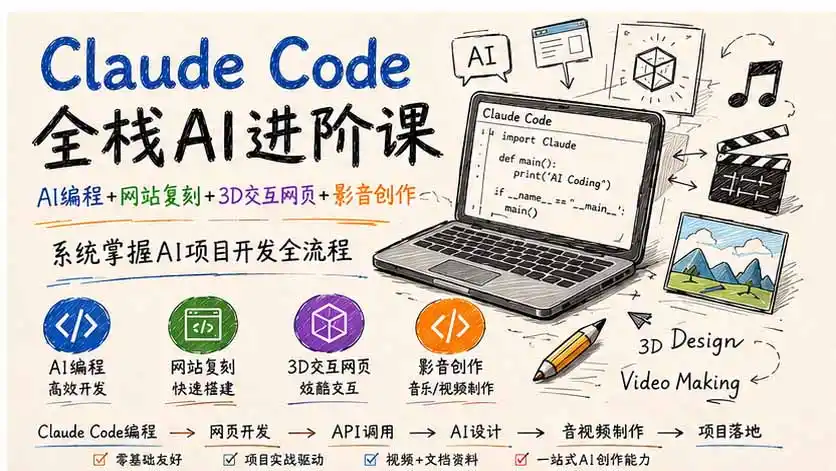 Claude Code全栈AI进阶课-更新；AI编程+网站复刻+3D交互网页+影音创作，系统掌握AI项目开发全流程-海淘下载站