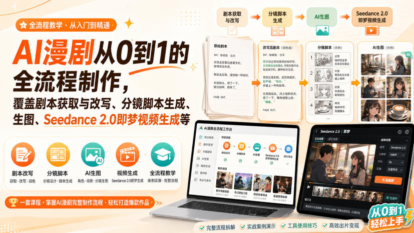 AI漫剧从0到1的全流程制作,覆盖剧本获取与改写、分镜脚本生成、角色场景生图与三视图、Seedance 2.0即梦视频生成(PDF版)-海淘下载站