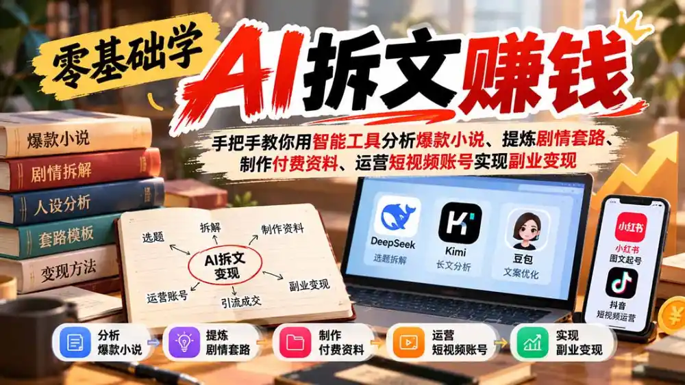 零基础学AI拆文赚钱:手把手教你用智能工具分析爆款小说、提炼剧情套路、制作付费资料、运营短视频账号实现副业变现-海淘下载站
