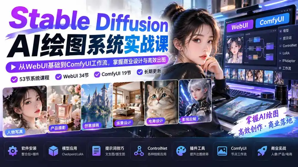 【无水印】Stable Diffusion AI绘图系统实战课：从WebUI基础到ComfyUI工作流，掌握商业设计与高效出图-海淘下载站