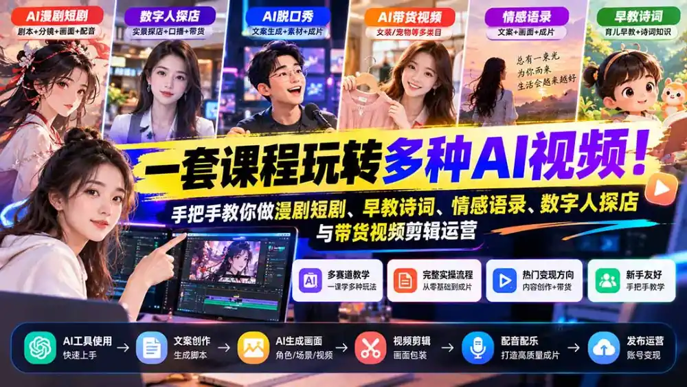 【无水印】一套课程玩转多种AI视频！手把手教你做漫剧短剧、早教诗词、情感语录、数字人探店与带货视频剪辑运营-海淘下载站