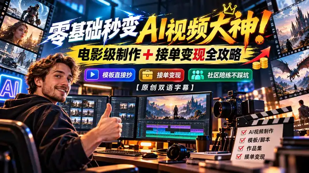 零基础秒变AI视频大神！电影级制作 + 接单变现全攻略，模板直接抄，社区陪练不踩坑【原创双语字幕】
