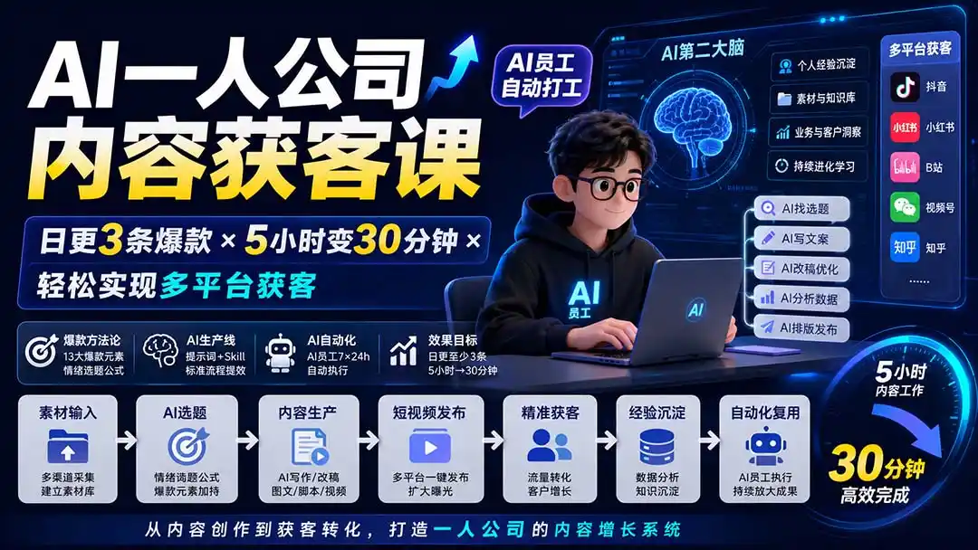 AI一人公司内容获客课-更新8月：日更3条爆款×5小时变30分钟×AI员工自动打工，轻松实现多平台获客-海淘下载站