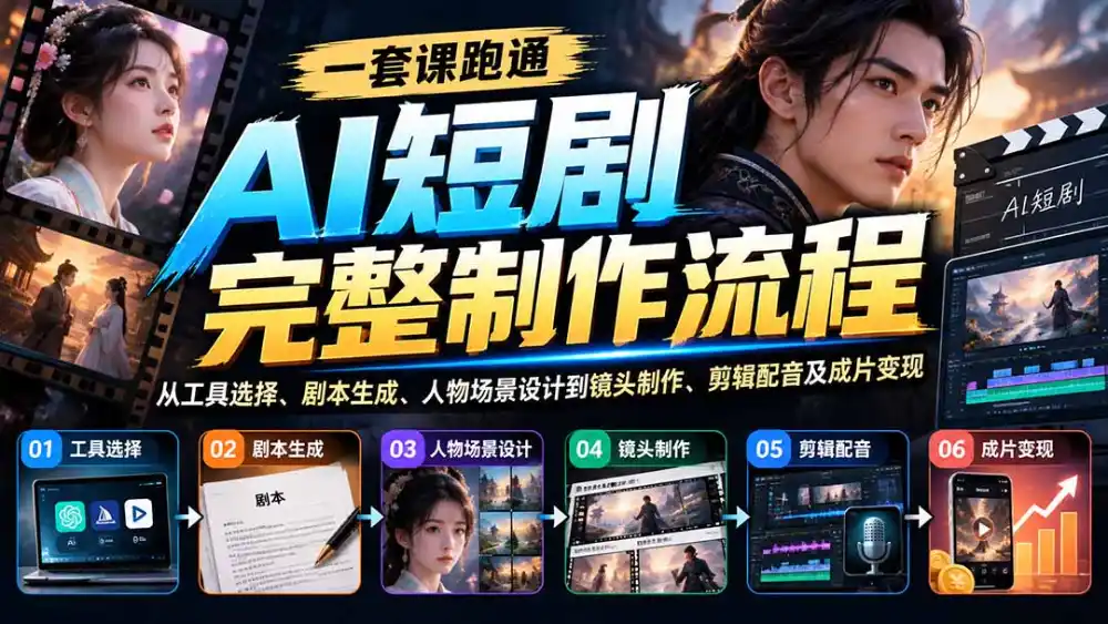 一套课跑通AI短剧完整制作流程：从工具选择、剧本生成、人物场景设计到镜头制作、剪辑配音及成片变现-海淘下载站