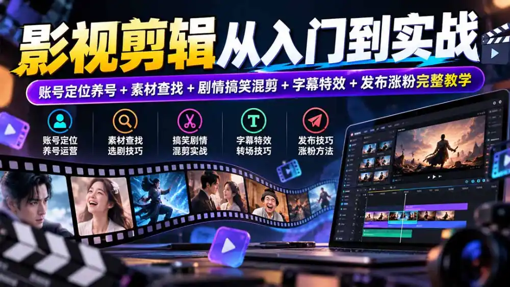 影视剪辑从入门到实战：账号定位养号+素材查找+剧情搞笑混剪+字幕特效+发布涨粉完整教学-海淘下载站