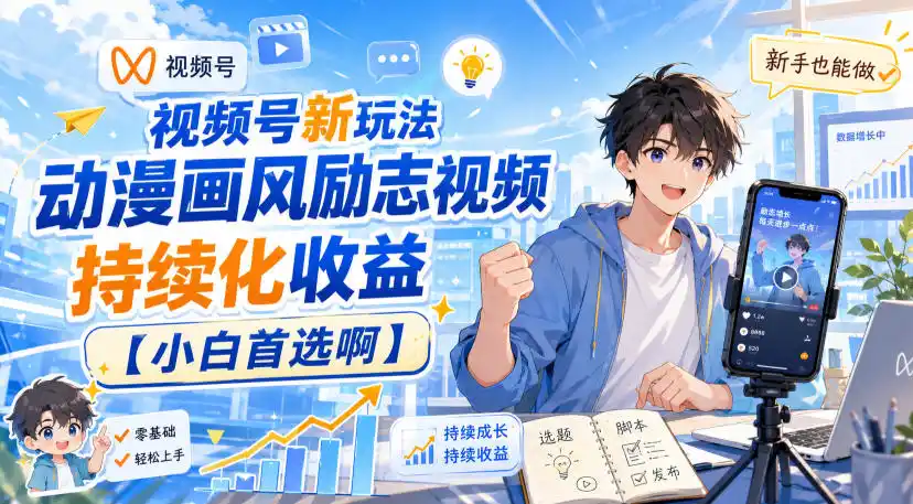 视频号新玩法动漫画风励志视频，持续化收益【小白首选啊】-海淘下载站