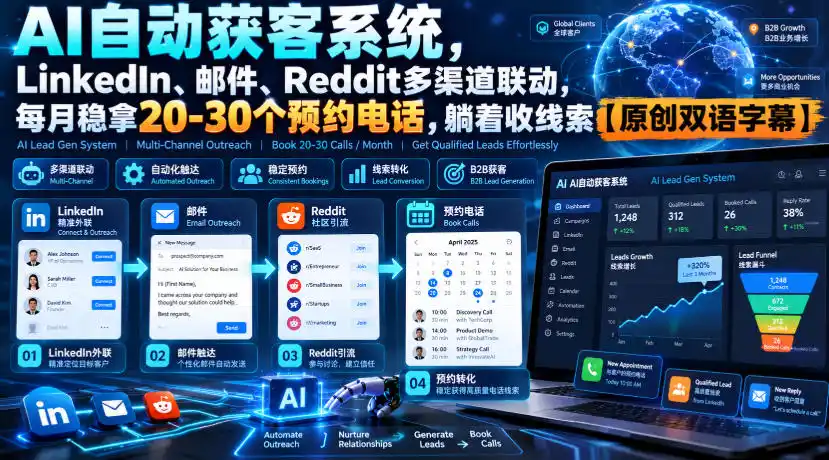 【无水印】AI自动获客系统,LinkedIn、邮件、Reddit多渠道联动,每月稳拿20-30个预约电话,躺着收线索【原创双语字幕】 【无水印】AI自动获客系统,LinkedIn、邮件、Reddit多渠道联动,每月稳拿20-30个预约电话,躺着收线索【原创双语字幕】