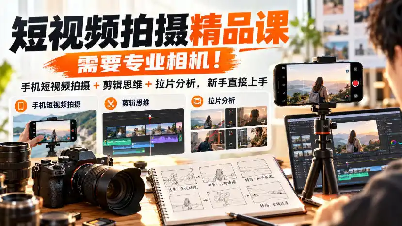 短视频拍摄精品课,需要专业相机!手机短视频拍摄+剪辑思维+拉片分析,新手直接上手-海淘下载站