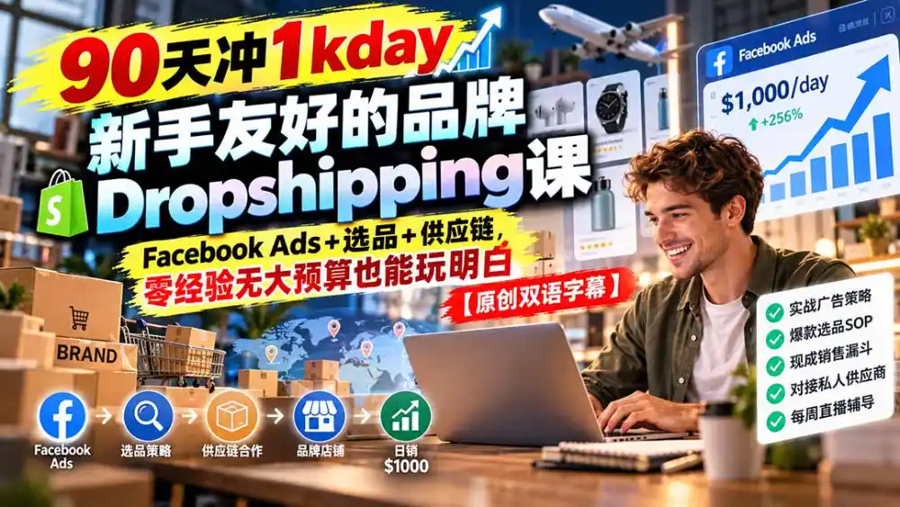 90天冲1kday 新手友好的品牌Dropshipping课：Facebook Ads+选品+供应链，零经验无大预算也能玩明白【原创双语字幕】-海淘下载站