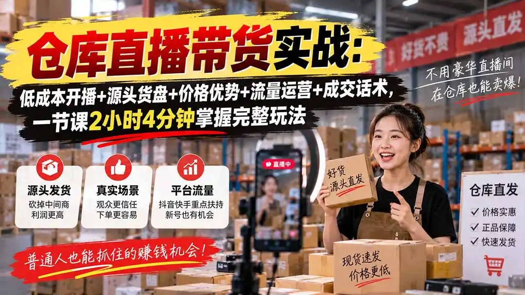 仓库直播带货实战：低成本开播+源头货盘+价格优势+流量运营+成交话术，一节课2小时4分钟掌握完整玩法-海淘下载站