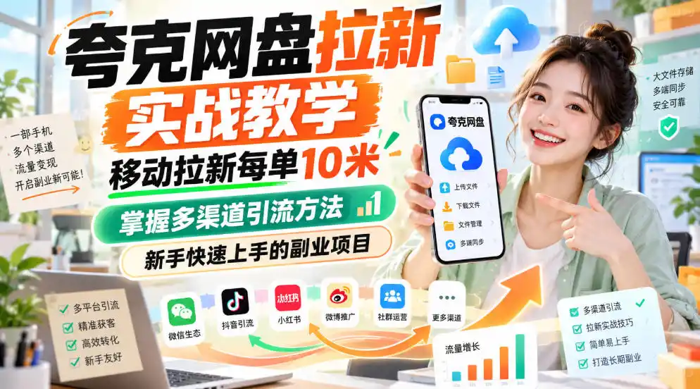 夸克网盘拉新实战教学,移动拉新每单10米,掌握多渠道引流方法,新手快速上手的副业项目(更新1017)-海淘下载站