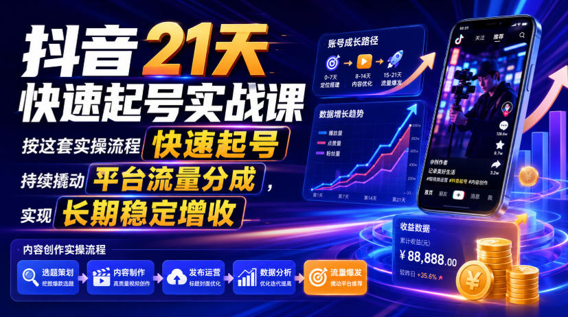 抖音21天快速起号实战课,按这套实操流程快速起号,持续撬动平台流量分成,实现长期稳定增收-海淘下载站
