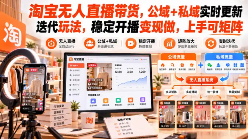 淘宝无人直播带货,公域+私域实时更新迭代玩法,稳定开播变现做,上手可矩阵【揭秘】-海淘下载站