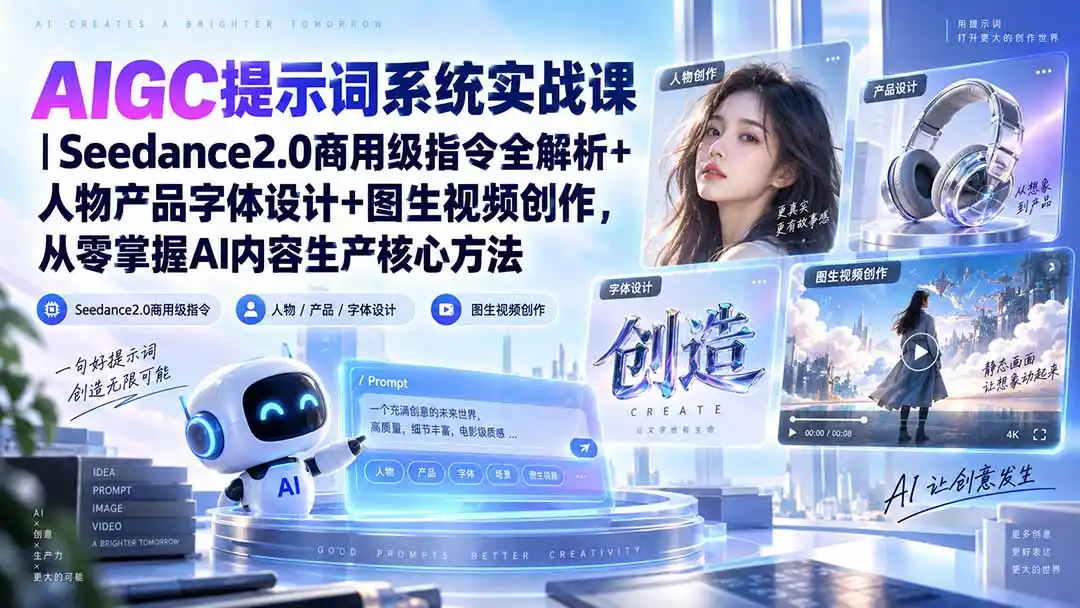 AIGC提示词系统实战课-无水印｜Seedance2.0商用级指令全解析+人物产品字体设计+图生视频创作，掌握AI内容生产方法-海淘下载站