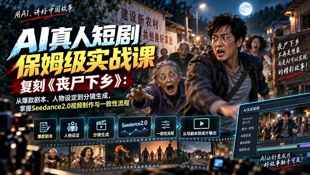 AI真人短剧保姆级实战课，复刻《丧尸下乡》：从爆款剧本、人物设定到分镜生成，掌握Seedance2.0视频制作与一致性流程-海淘下载站