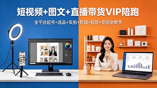 短视频+图文+直播带货VIP陪跑，全平台起号+选品+实拍+剪辑+投放+变现全教学-海淘下载站