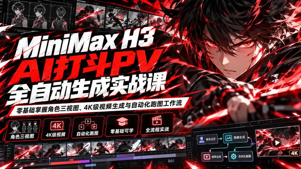 MiniMax H3 AI打斗PV全自动生成实战课：零基础掌握角色三视图、4K级视频生成与自动化跑图工作流-海淘下载站