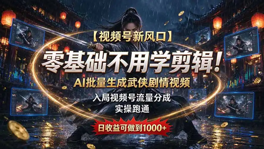 【视频号新风口】零基础不用学剪辑！AI 批量生成武侠剧情视频，入局视频号流量分成，实操跑通，日收益可做到 1000+-海淘下载站