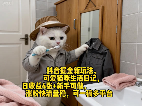 抖音掘金新玩法，可爱猫咪生活日记，日收益4张+新手可做，涨粉快流量稳，可一稿多平台-海淘下载站