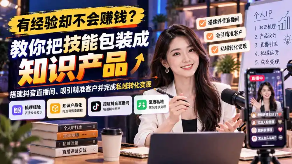 有经验却不会赚钱？教你把技能包装成知识产品，搭建抖音直播间、吸引精准客户并完成私域转化变现-海淘下载站