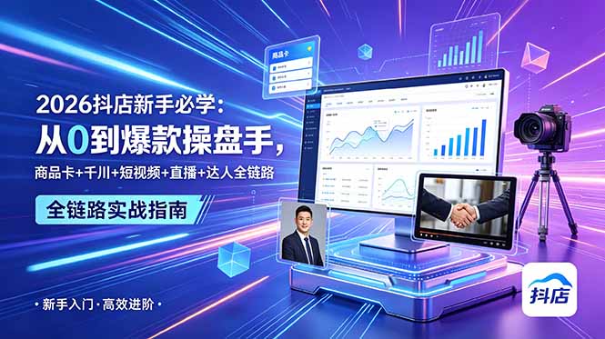 2026抖店新手必学：从0到爆款操盘手，商品卡+千川+短视频+直播+达人全链路-海淘下载站