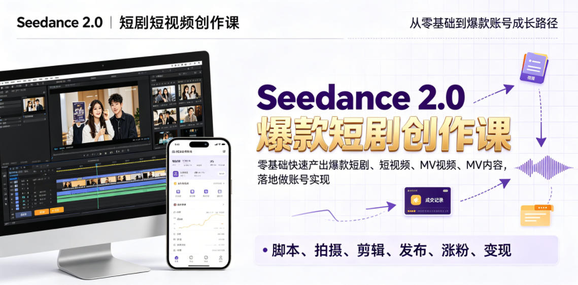 Seedance 2.0短剧短视频创作课,零基础快速产出爆款短剧、短视频、MV内容,落地做账号实现变现-海淘下载站
