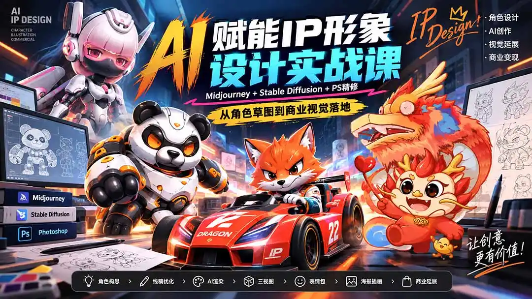 AI赋能IP形象设计实战课-无水印：Midjourney+Stable Diffusion+PS精修，从角色草图到商业视觉落地-海淘下载站