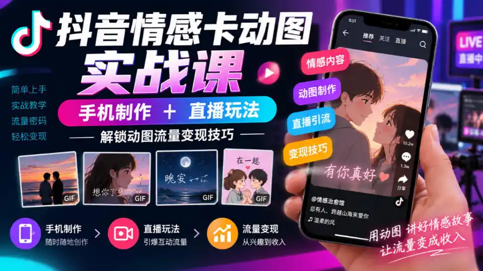 抖音情感卡动图实战课｜手机制作+直播玩法，解锁动图流量变现技巧-海淘下载站