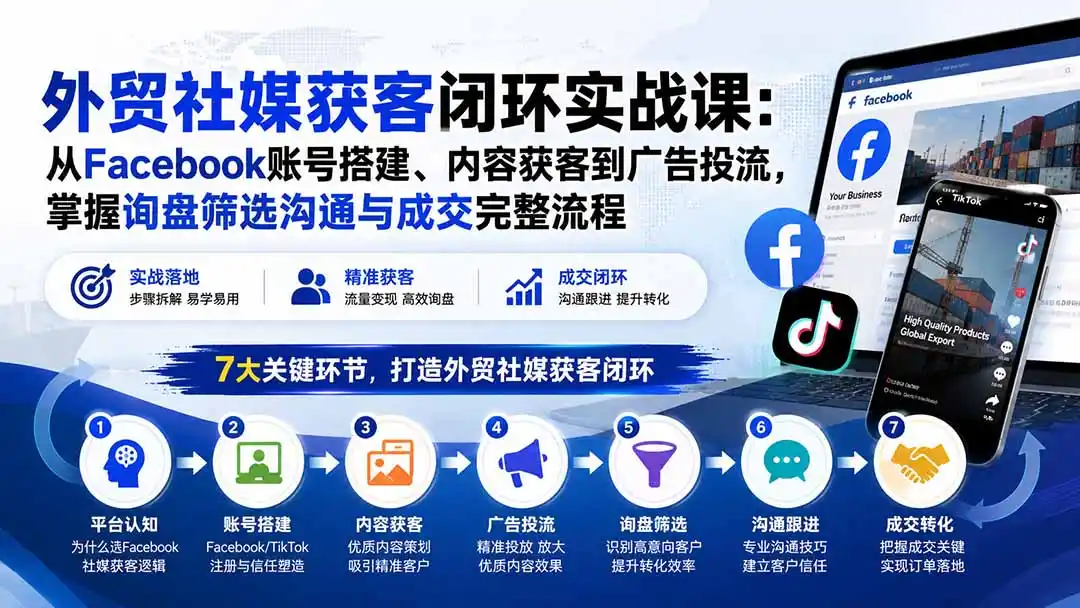 外贸社媒获客闭环实战课：从Facebook账号搭建、内容获客到广告投流，掌握询盘筛选沟通与成交完整流程-海淘下载站