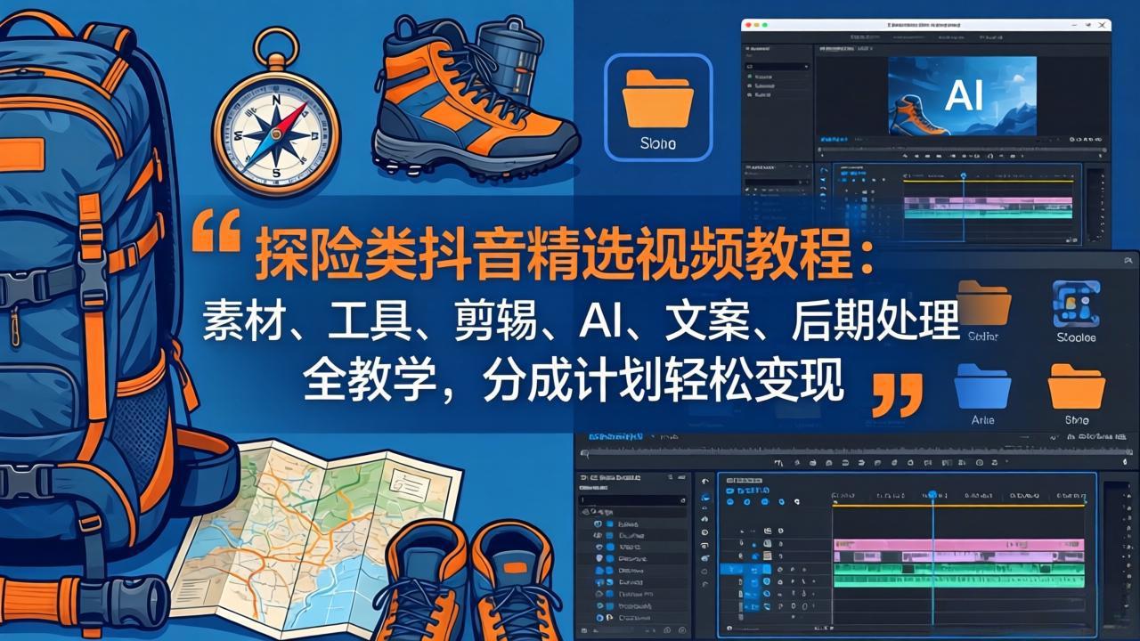探险类抖音精选视频教程：素材、工具、剪辑、AI、文案、后期处理全教学，分成计划轻松变现-海淘下载站