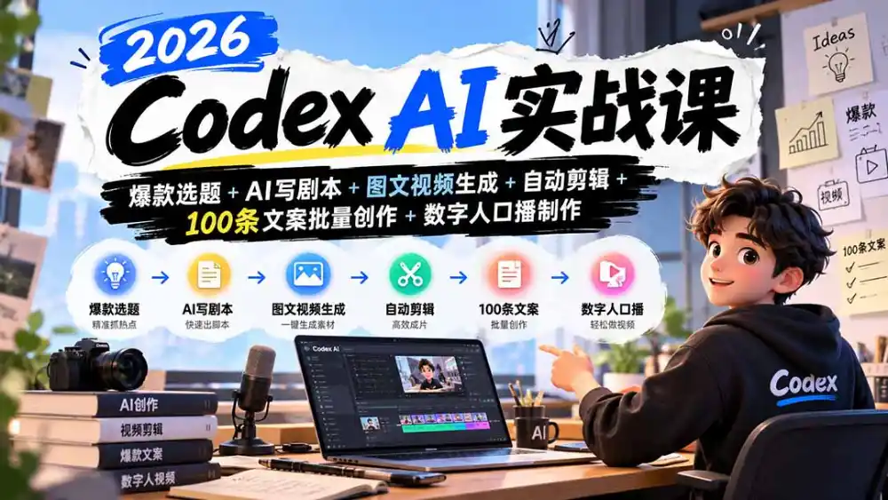 2026Codex AI实战课：爆款选题+AI写剧本+图文视频生成+自动剪辑+100条文案批量创作+数字人口播制作-海淘下载站