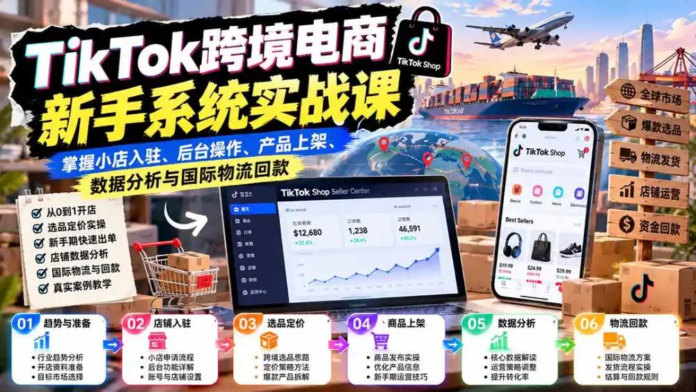 TikTok跨境电商新手系统实战课：掌握小店入驻、后台操作、产品上架、数据分析与国际物流回款-海淘下载站