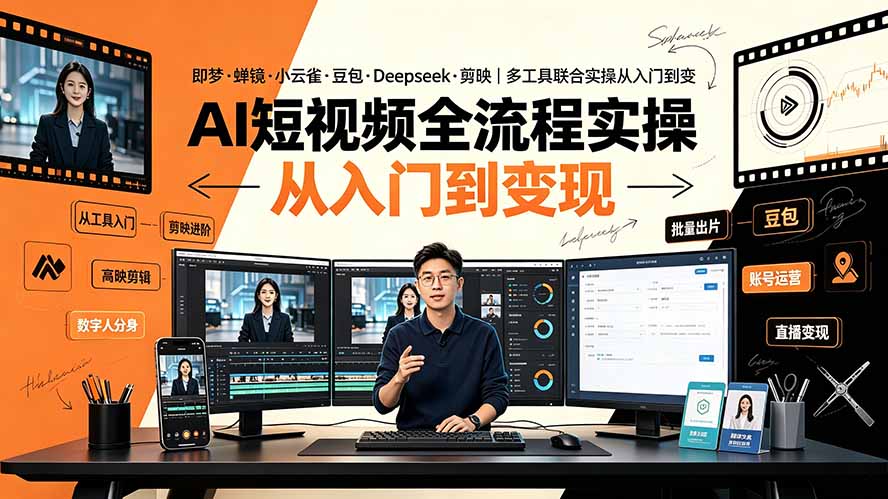 AI短视频全流程实操:即梦·蝉镜·小云雀·豆包·Deepseek·剪映|多工具联合实操从入门到变现-海淘下载站