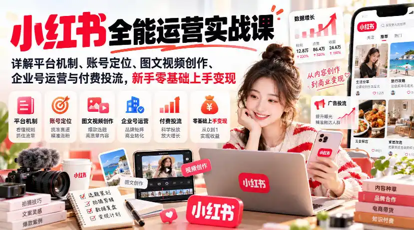 小红书全能运营实战课,详解平台机制、账号定位、图文视频创作、企业号运营与付费投流,新手零基础上手变现-海淘下载站
