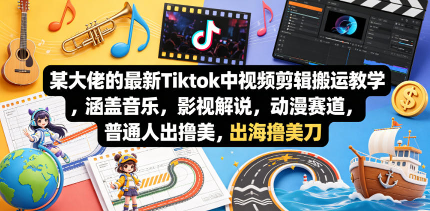 某大佬的最新Tiktok中视频剪辑搬运教学，涵盖音乐，影视解说，动漫赛道，普通人出海撸美刀-海淘下载站
