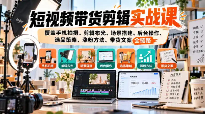 短视频带货剪辑实战课,覆盖手机拍摄、剪辑布光、场景搭建、后台操作、选品策略、涨粉方法、带货文案全链路-海淘下载站