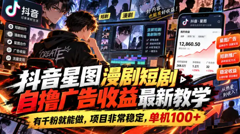 抖音星图漫剧短剧自撸广告收益最新教学,有千粉就能做,项目非常稳定,单机100+-海淘下载站
