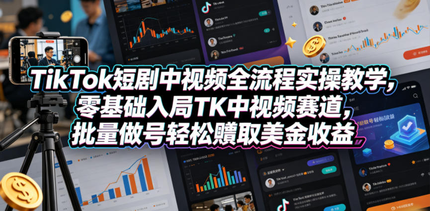 TikTok短剧中视频全流程实操教学，零基础入局TK中视频赛道，批量做号轻松賺取美金收益-海淘下载站