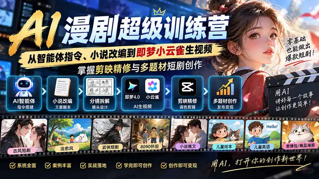 AI漫剧超级特训营：从智能体指令、小说改编到即梦小云雀生视频，掌握剪映精修与多题材短剧创作-海淘下载站