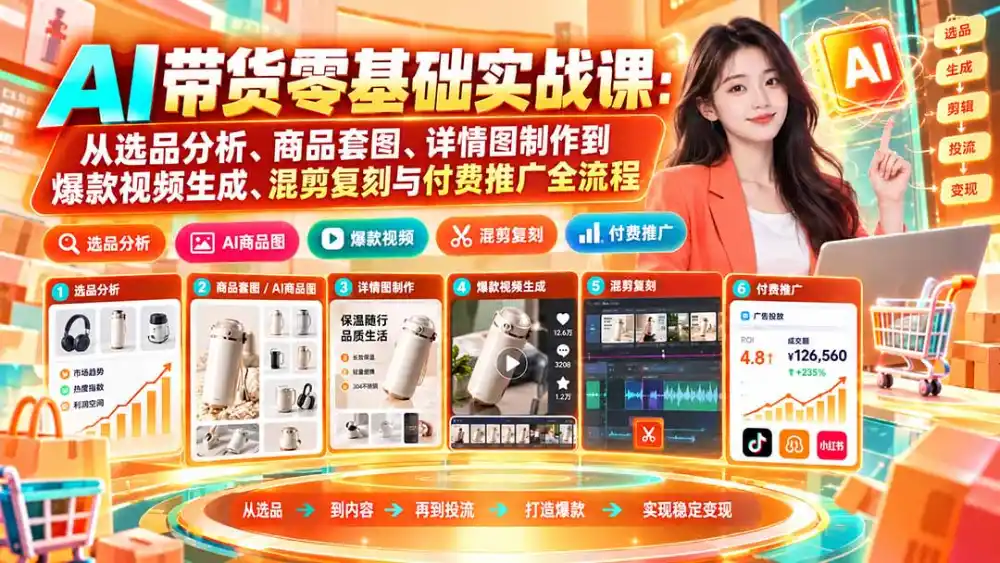 AI带货零基础实战课：从选品分析、商品套图、详情图制作到爆款视频生成、混剪复刻与付费推广全流程-海淘下载站