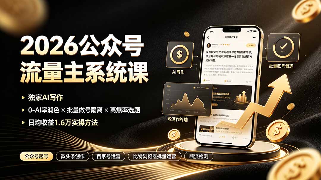 2026公众号流量主系统课：独家AI写作×0-AI率润色×批量做号隔离×高爆率选题，日均收益1.6万实操方法-海淘下载站