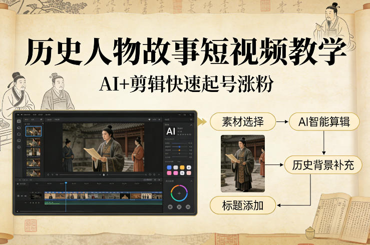 历史人物故事短视频教学，AI+剪辑制作历史人物题材短视频，快速起号涨粉-海淘下载站