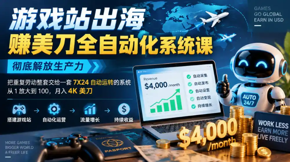 游戏站出海賺美刀全自动化系统课,彻底解放生产力–把重复劳动整套交给一套7X24自动运转的系统,从1放大到100,月入4K美刀 游戏站出海賺美刀全自动化系统课,彻底解放生产力–把重复劳动整套交给一套7X24自动运转的系统,从1放大到100,月入4K美刀