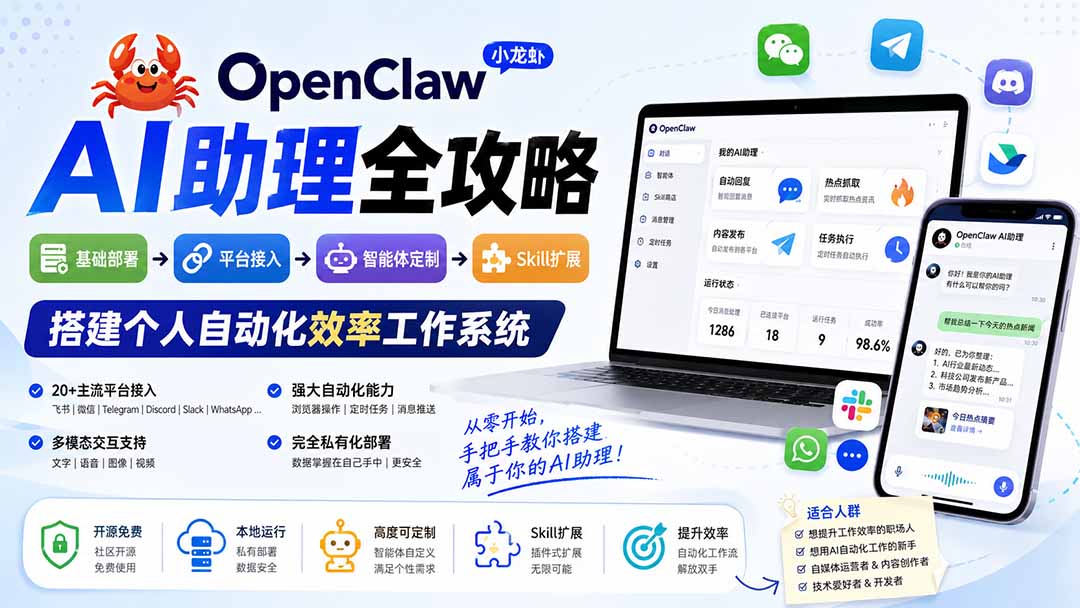 OpenClaw小龙虾 AI助理全攻略:基础部署→平台接入→智能体定制→Skill扩展,搭建个人自动化效率工作系统 OpenClaw小龙虾 AI助理全攻略:基础部署→平台接入→智能体定制→Skill扩展,搭建个人自动化效率工作系统