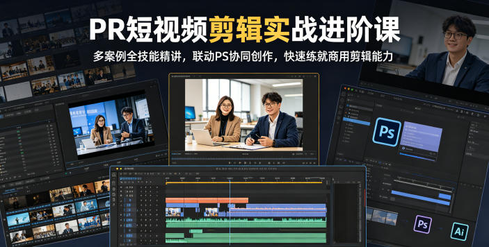 PR短视频剪辑实战进阶课,多案例全技能精讲,联动PS协同创作,快速练就商用剪辑能力-海淘下载站