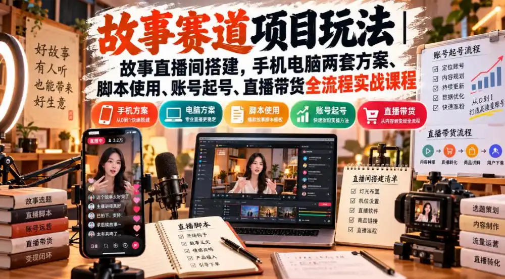 故事赛道项目玩法|故事直播间搭建,手机电脑两套方案、脚本使用、账号起号、直播带货全流程实战课程-海淘下载站
