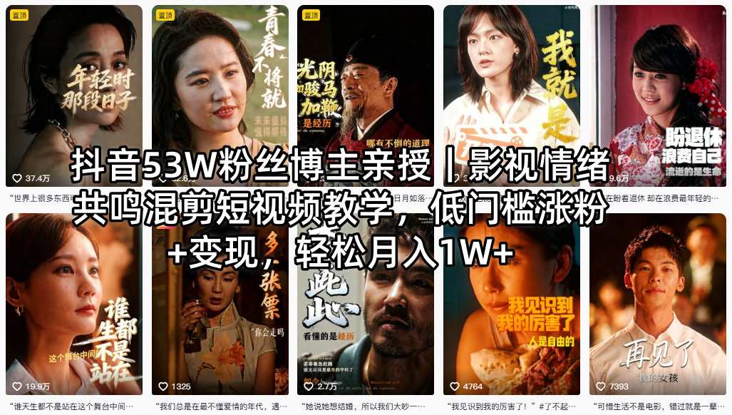 抖音53W粉丝博主亲授｜影视情绪共鸣混剪短视频教学，低门槛涨粉+变现，轻松月入1W+-海淘下载站