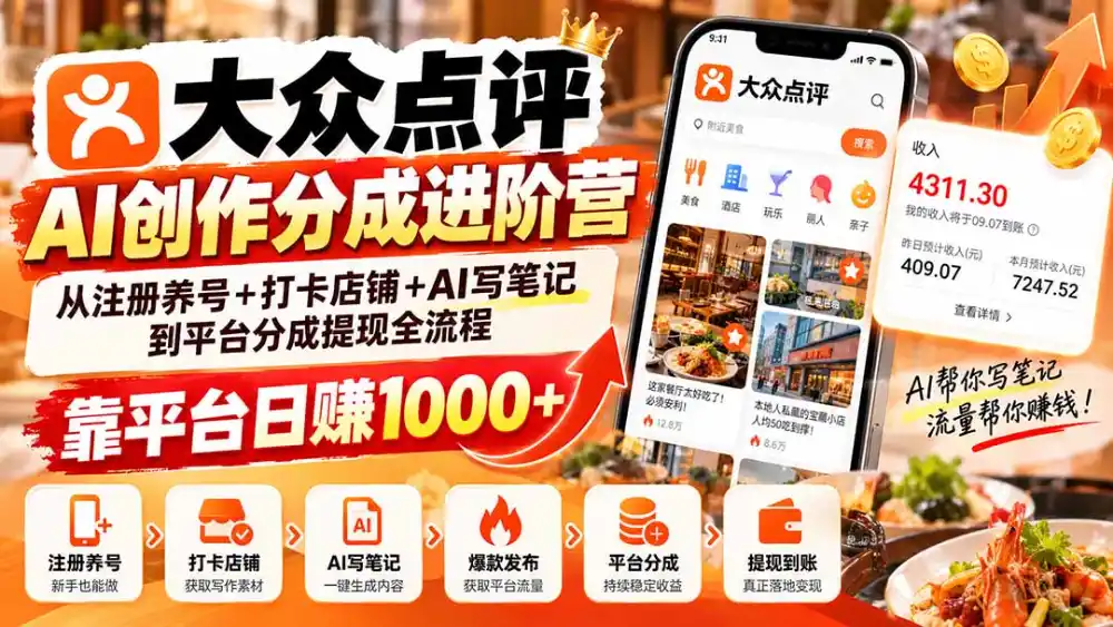 大众点评AI创作分成进阶营：从注册养号+打卡店铺+AI写笔记到平台分成提现全流程，靠平台日赚1000+-海淘下载站