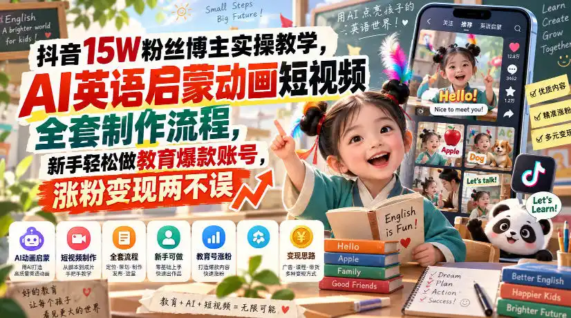 抖音15W粉丝博主实操教学，AI英语启蒙动画短视频全套制作流程，新手轻松做教育爆款账号，涨粉变现两不误-海淘下载站